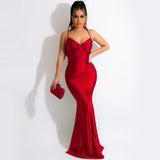 Spring Summer Women Spaghetti Strap Plunging V-Neck High Side Mermaid Maxi Dress Sexy Night Party Club Long