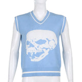 2022 Women's Knitted Vest Blue Skull Print Sleeveless Sweater Vest Waistcoat Casual Oversize Vest Pullover Green