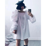 Women Khaki Big Size Mini Dress New Square Collar Long Puff Sleeve Loose Fit Fashion Tide Spring Autumn 2023