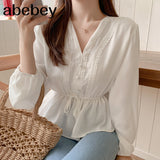 White Blouse Sashes Casual Woman Clothes 2022 Fall Lace Long Sleeve Shirt Women Blouses Shirts Chemisier
