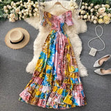 Bohemian Women Tie Dye Printed Long Dress Sexy Autumn 2021 Female V-Neck Short Sleeve High Waist Vacation Beach Ruffle