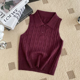 Chic Summer French Niche Polo Collar Sleeveless Knitted Top Girl Slime With Solid Color
