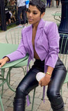 Fshion Purple Leather Long Sleeve Cropped Jacket with