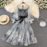 Sexy Mesh Printed Dress Women Spring Autumn Round Neck Puff Long Sleeve Ink Pattern A-Line Big Swing Vestidos Female 2022