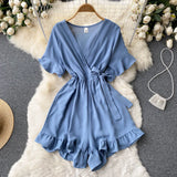 2022 Summer New Korean Rompers Women Flared Sleeve Solid Ruffle Wide Leg Short Jumpsuits Casual Vacation Beach