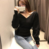Fashion Sexy Cross V-Neck Women's Sweaters Autumn Winter Bottoming Slim Female Jumper Casual Solid Bodycom Beige Grey
