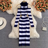 Women Retro Stripe Knitted Dress Sexy Off Shoulder Long Sleeve Slim Dresses Autumn Winter Bodycon Korean Sweater