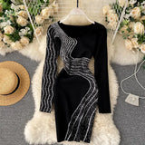 Print Sexy Streetwear Knitted Dress 2022 European Style Long Sleeve Bodycon Winter Women Elastic Sweater Short