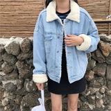 2021 Denim Coat And Thickening And Velvet Lamb Wool Cotton Clothes Female Winter Clothes Loose Bf Short Style And Thick Denim Cotton Clothes-Outfit