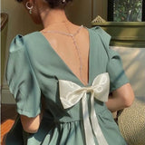 Summer Solid Vintage Dress Women Short-sleeved Backless Elegant Cute Kawaii Dresses Sexy Ladies Party Holiday Green