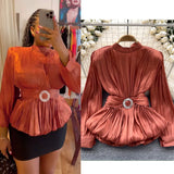 French-Style Waist-Low-Down Shirt Female Careful Machine Strap Design With A Chic Folded Lotus Leaves Hem French