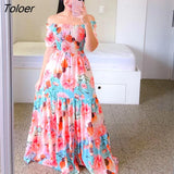 Women's Rainbow Long Dress Fashion Sexy Off Shoulder A-line Printed Maxi Dresses Boho Retro Party Evening Vestidos