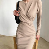 Graduation party Moarcho Sexy O-Neck Bodycon Dress Women Long Sleeve High Waist Pencil Knee-Length Dress New Fashion Party Office