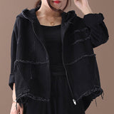 Korean Denim Jacket Female Hooded Long Sleeve Pockets Asymmetric Frayed Coat Women 2023 Casual Fashion