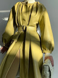 2022 PU Leather Long Jacket Korea Fashion Autumn Green Windbreaker Faux Leather Sashes Office Lady Trench Coat