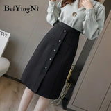 Korean Skirt Women Vintage Elegant Office Ladies Skirts Buttons OL Work Wear Casual High Waist Saia Black Faldas