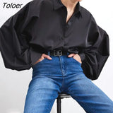 Office Lady Satin Lantern Sleeve Women's Blouse Spring Lapel Loose Elegant Shirt All-Match Casual Button Up Top Women