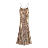 Women Chic Fashion Leopard Print Soft Touch Midi Camisole Dress Vintage Backless Thin Straps Female Dresses