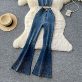 Hot Diamond Cowboy Suit Women's Summer Sleeveless Chest Vest + High-Waisted Denim Horn