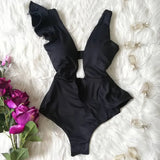 New Print Swimwear Deep V-Neck Ruffle Swimsuit Push Up One Piece Swimsuit Beach Wear Backless