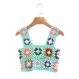 Women Multicolor Crochet Tank Top Sexy Square Neck Sleeveless Holiday Summer Crop