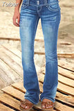 Waist Flared Jeans Women Button Casual Straight Leg Pants New 2023 Summer Pocket Hole Female Loose Office Lady Slim