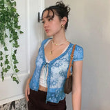 Rockmore Brown Mesh Transparent Tshirt Women Lace Up Cardigan Tops Short Sleeve Tees Shirts Streetwear Summer Sexy
