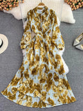 Spring Autumn Bohemian Women Tie Dye Printed Pleated Long Dress Boho Stand Collar Puff Sleeve High Waist Draped Maxi Vestido