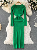 Autumn Sexy Knitted Dress Women V Neck Long Sleeve Slim Maxi Dress Female Autumn Hollow Out Sweater Long Dress