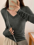 Ribbed V Neck Slim Long Sleeve Knit-Outfit