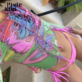 Trendy Printed Sheer Mesh Long Sleeve Crop Top Asymmetrical Contrast Stitch Womens Tshirts Sexy Graphic Tee