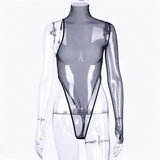 New Super Sexy Bodysuit Women Black Single Sleeve See-Through Ultra-Thin Mesh Fabric Turtleneck High Leg Thong Body