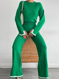 Women Casual Contrast Slit Sweater Suits O-Neck Knitted Pullover And Wide Leg Pants Female 2 Piece Set Elegant Warm Lilac
