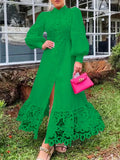 TWOTWINSTYLE Embroidery Elegant Dress For Women Stand Collar Puff Sleeve High Waist Cut Out Midi Dresses Female Fashion