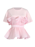 2025 Fashion New Elegant Style Collar Folded Waist Splicing Design Sense Short-Sleeved Shirt
