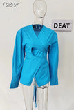 Fashion Women's Irregular Shirt V-neck Cross Bandage Waist Long Sleeve Blue White Yellow Thin Blouse Summer 2023 New