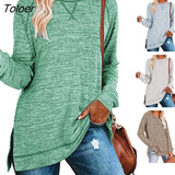 Women Loose Casual Solid Long Sleeve O-neck Sweatshirt Side Split Pullover Top Ladies Pullovers Winter Clothes