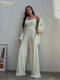 Fashion Beige Pleated 3 Piece Sets Womens Outifits Elegant Lapel Long Sleeve Blouse + Tank Top With Wide Leg Pants