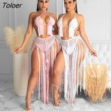 Summer Knit Hollow Out Bra Skirt Set Two Piece Set Beach Tassel Swimwear Summer Outfits Holidays Sexy Bodycon