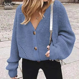 Women Casual Loose Knitted Cardigan Sweaters 2021 Autumn Winter Sexy V-Neck Button White Sweater Coat Female Cardigan