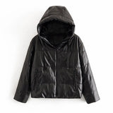 Aachoae Women Fashion Thick Warm PU Faux Leather Padded Jacket Coat Long Sleeve Hooded Parka Coat Female Elegant Outerwear
