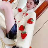 Strawberry Women Cardigan Sweater Winter Loose Fashion V Neck Hand 3D Knitting Ladies Jumper Casual Female Coats