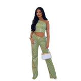 Toloer Women's Fall 2024 Fashion Diagonal Collar One Shoulder Vest High Purse Hip Straight Pants PU Suit For Women-Outfit
