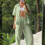 Plaid Women Casual Tracksuit Loose Pants Set Short Sleeve Shirt Tops And Long High Waisted Pants Two Piece Set