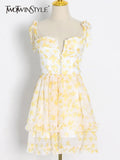Sexy Print Colorblock Sling Dress For Women Square Collar Sleeveless High Waist Mini Dresses Female Clothing