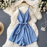 Backless Strap Rompers Women Fashion Sleeveless V Neck Solid Short Jumpsuits Summer Korean Wide Leg