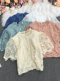 New Summer Temperament All-match stand collar flared sleeve Shirt hollow out Lace Waist slim short Shirt