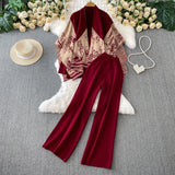 Temperament Bottom Half-High Collar Sweater + Printed Knitted Shawl Jacket + High Waist Lanky Trousers Three-Piece