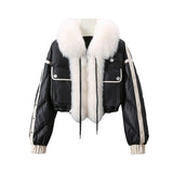 Winter Warm PU Leather Coats Faux Fox Fur Jacket Big Fur Collar Short Jacket Fashion Black Cotton Padded Lady Down