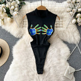 Fashion Palm Print Sleeveless Jumpsuits Stand Collar Sheath Rompers Underwear 2023 Female Summer Short Sexy